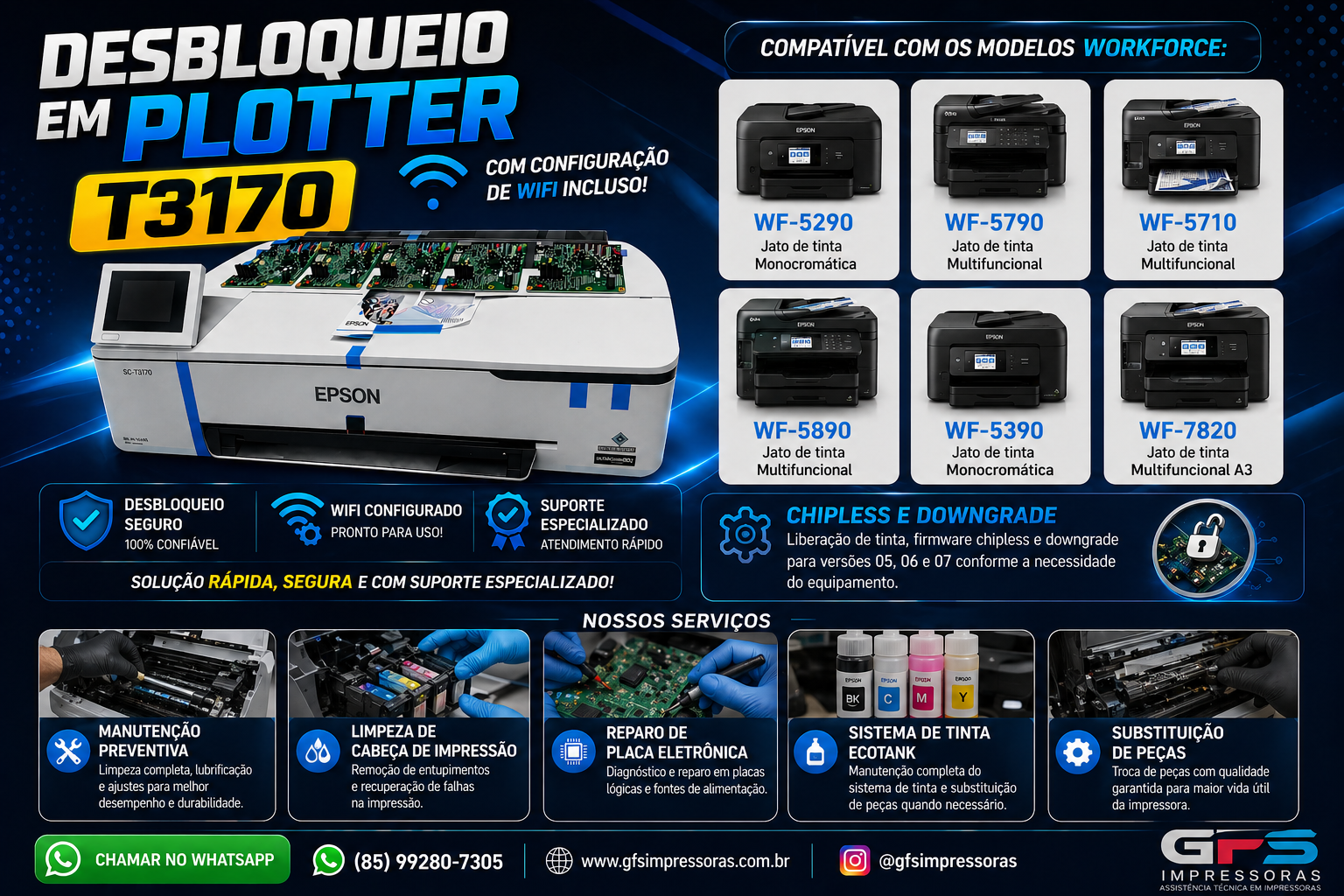 Desbloqueio em plotter T3170, chipless e downgrade Epson WorkForce WF-5290, WF-5790, WF-5710, WF-5890, WF-5390 e WF-7820