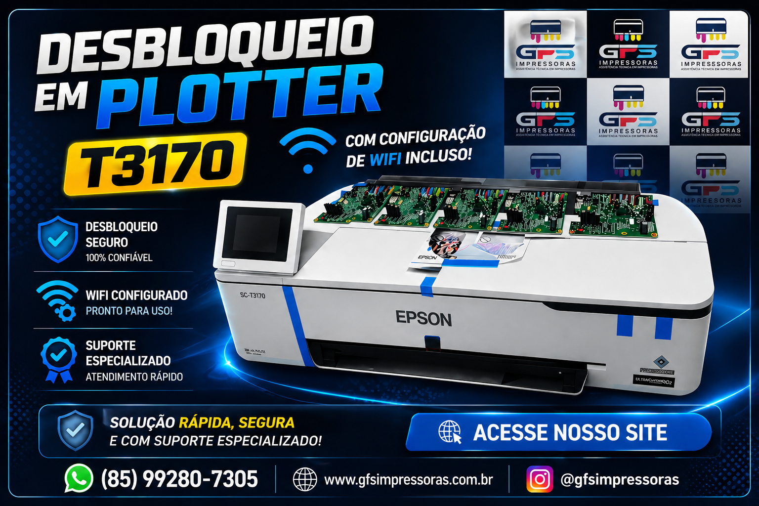 Desbloqueio em plotter Epson T3170 com configuração de Wi-Fi incluso